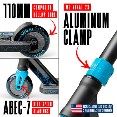 Viral Rave Pro Scooter - Velocity Black Blue, features a sleek design with a durable aluminum deck and strong aluminum handlebar, ideal for skatepark stunts.