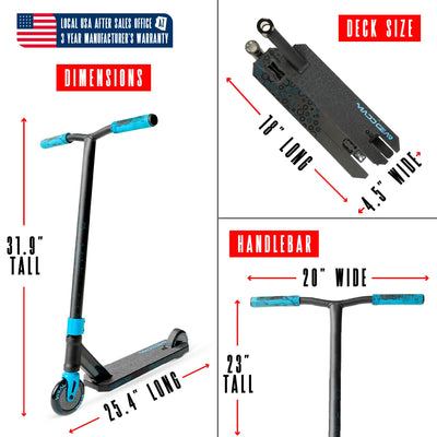 Viral Rave Pro Scooter - Velocity Black Blue with a long handlebar, sturdy aluminum deck, and smooth 110mm wheels, ideal for skatepark stunts.