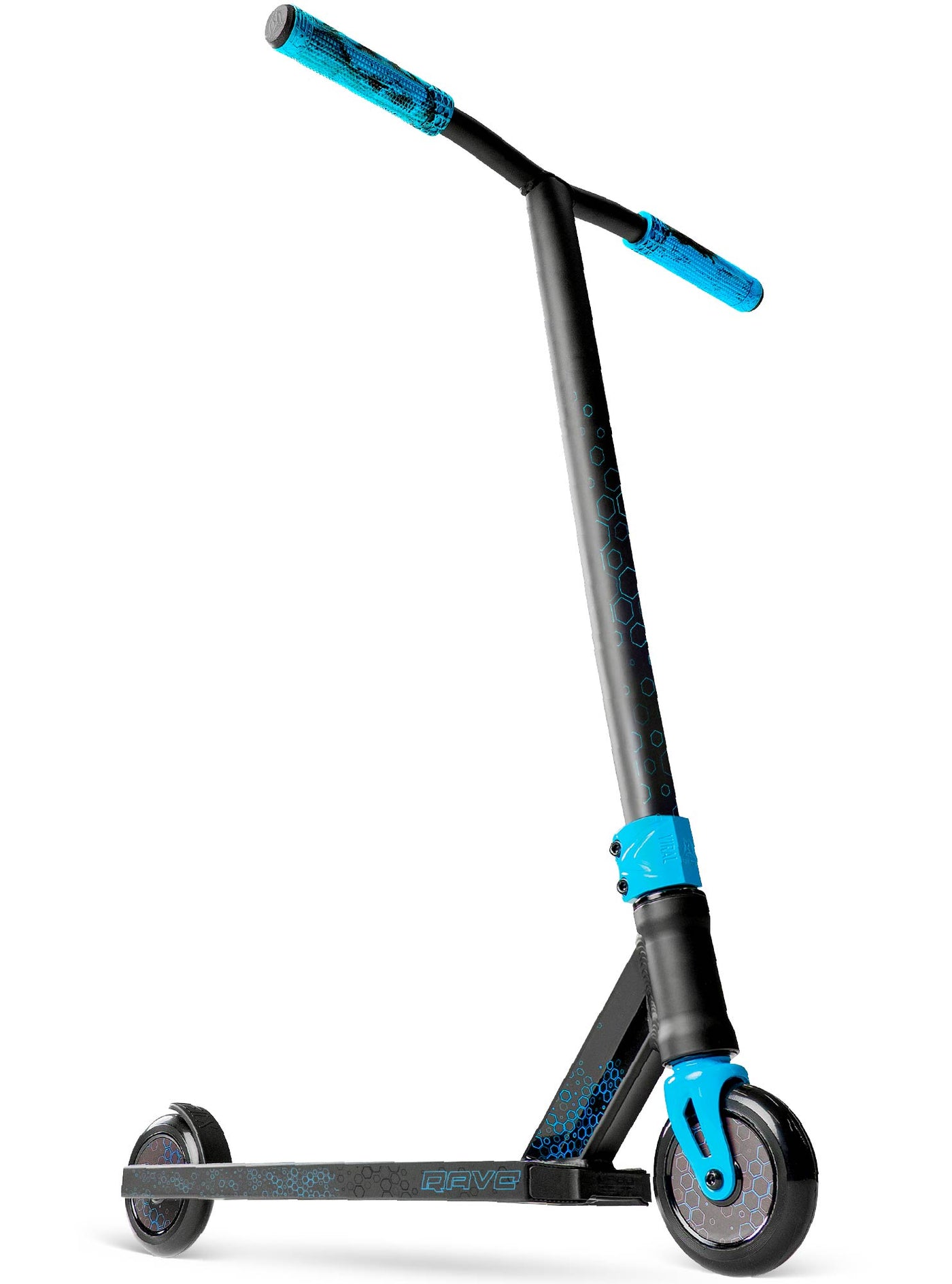Viral Rave Pro Scooter - Velocity Black Blue with a handlebar, sturdy wheels, and durable aluminum deck, ideal for skatepark stunts and tricks.