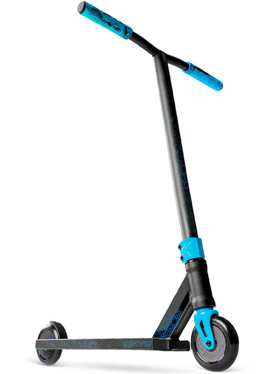 Viral Rave Pro Scooter - Velocity Black Blue with a handlebar, sturdy wheels, and durable aluminum deck, ideal for skatepark stunts and tricks.