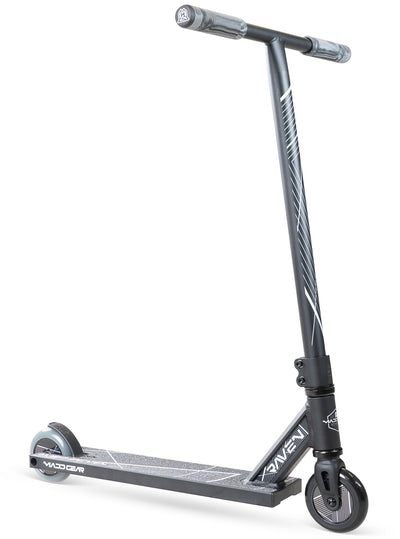 MG1 Raven Pro Scooter - Black with handlebar and durable wheels, ideal for skatepark stunts, featuring a sturdy aluminum deck and steel handlebar for kids 5+.