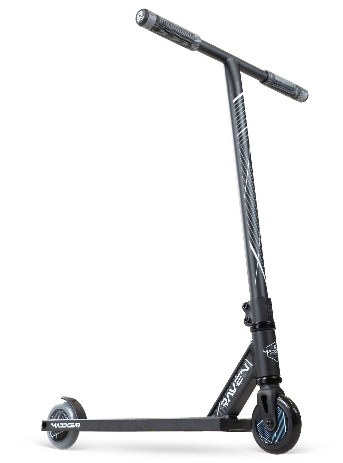 MG1 Raven Pro Scooter - Black Black with durable aluminum deck, steel handlebar, and 100mm wheels, designed for stunt riding at skateparks.