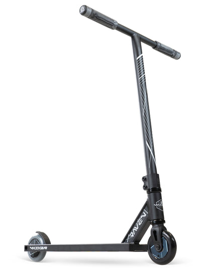 MG1 Raven Pro Scooter - Black Black with durable aluminum deck, steel handlebar, and 100mm wheels, designed for stunt riding at skateparks.