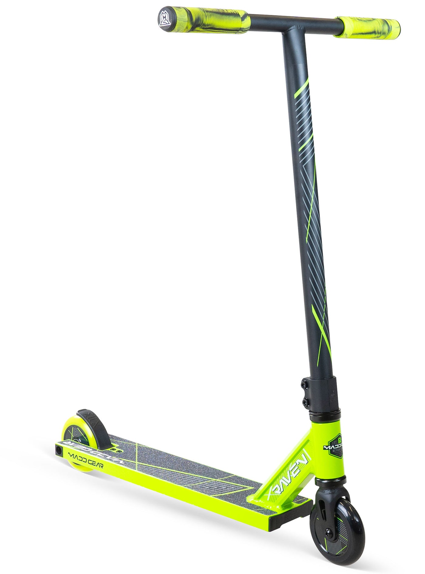 MG1 Raven Pro Scooter - Green Black, featuring a durable extruded aluminum deck, strong steel handlebar, and 100mm composite wheels, ideal for skatepark stunts.