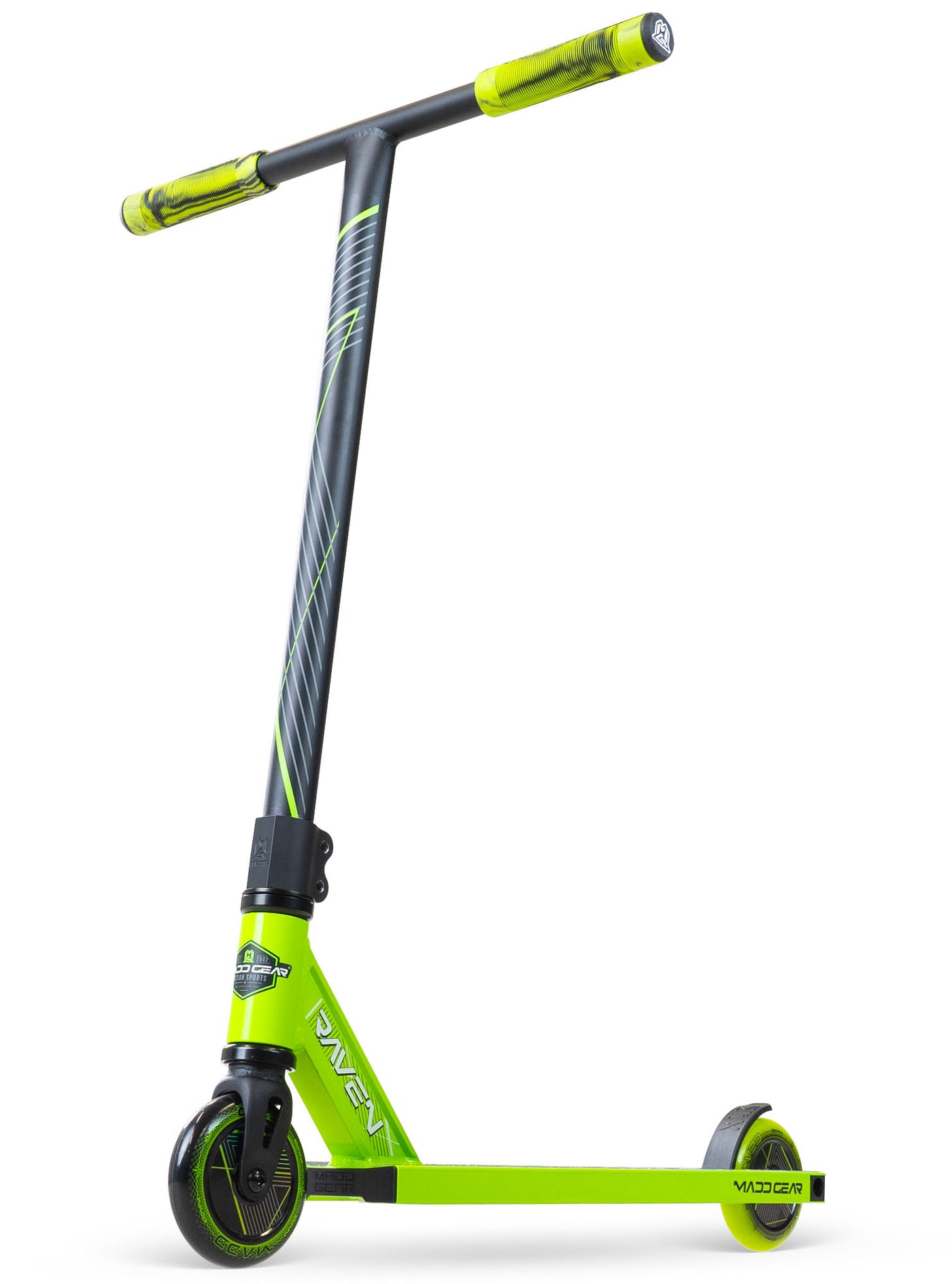 MG1 Raven Pro Scooter - Green Black, featuring a durable design with composite wheels and a sturdy handlebar, ideal for young stunt riders at skateparks.