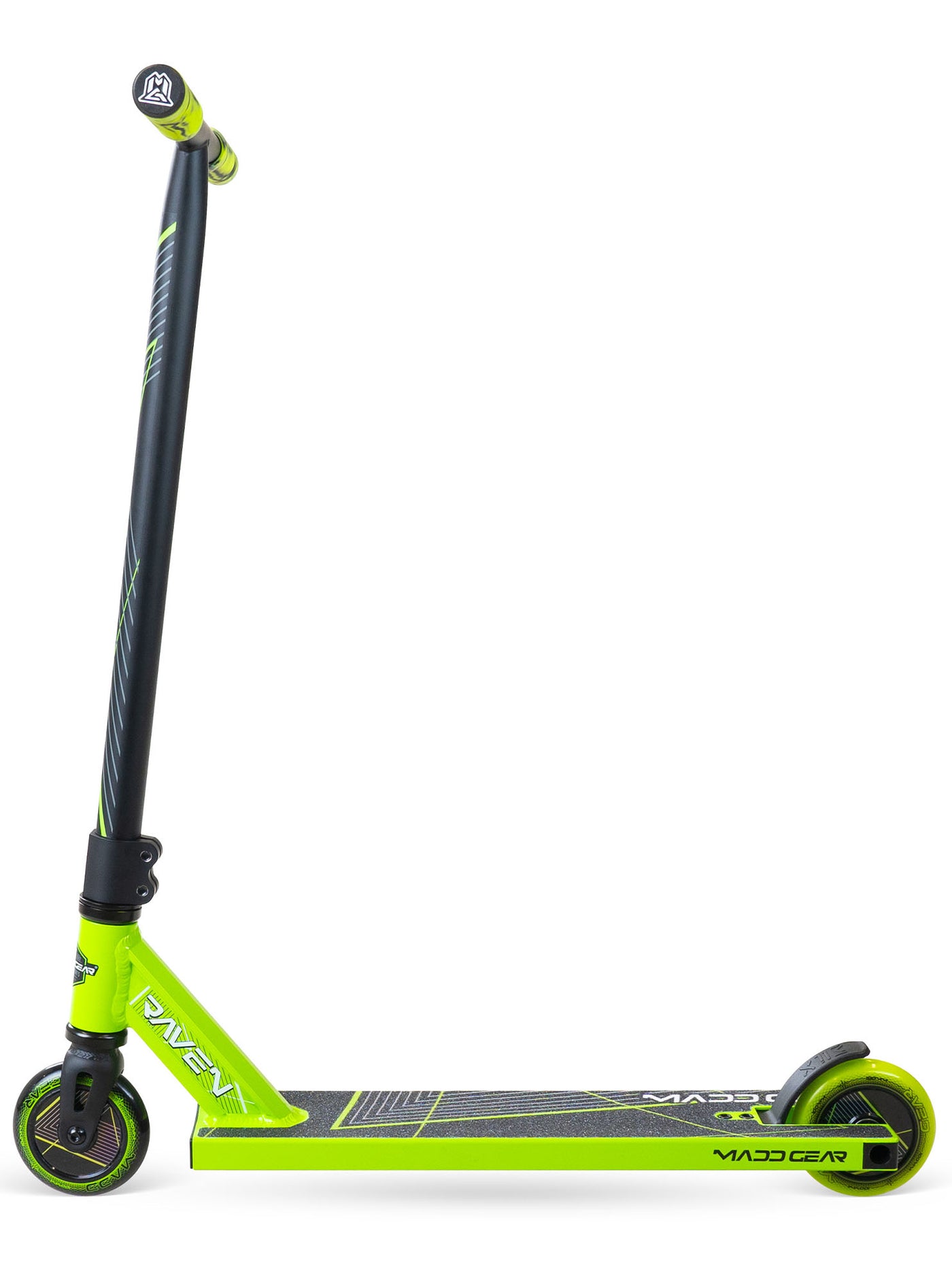 MG1 Raven Pro Scooter - Green Black, featuring a durable aluminum deck, sturdy steel handlebars, and smooth 100mm wheels, ideal for skatepark tricks.