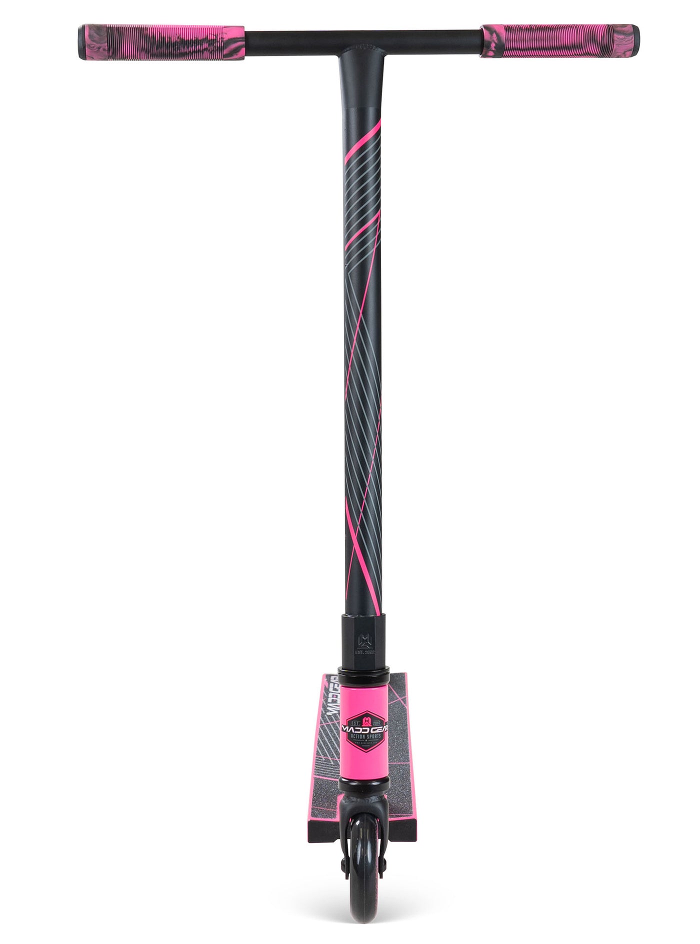 MG1 Raven Pro Scooter - Pink Black, featuring a robust aluminum deck, steel handlebar, and durable wheels, perfect for young skaters mastering skatepark tricks.