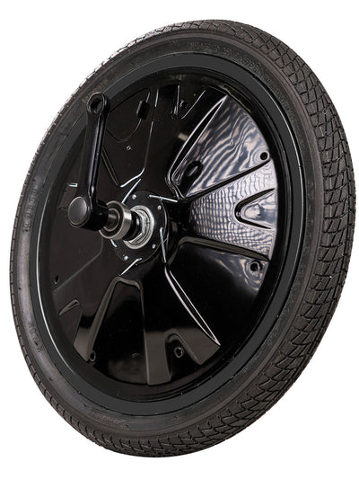 Madd Gear Drift Trike - Front Wheel Assembly featuring a 16 tire, tube, wheel, and cranks, designed for easy installation and replacement.