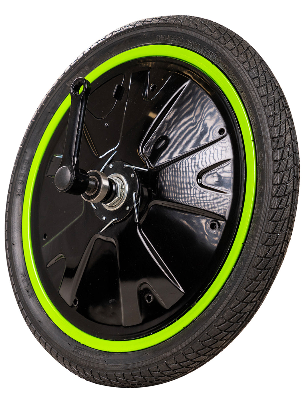 Madd Gear Drift Trike - Front Wheel Assembly featuring a black wheel with a green rim, designed for easy replacement with a 16 tire, tube, and cranks.