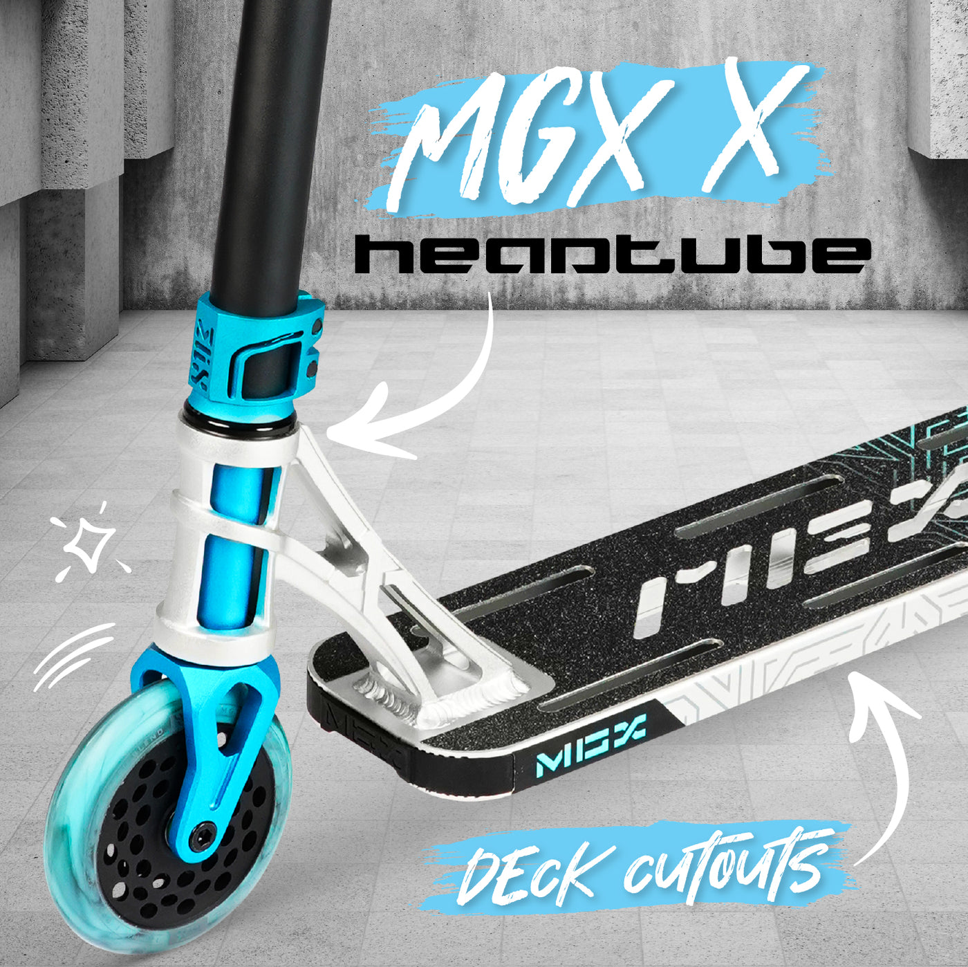 MGP MGX Extreme Pro Scooter Stunt Trick kids complete deck silver blue anodized hollow core aluminum