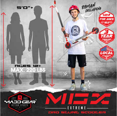 MGX Extreme Stunt Scooter - Silver Red held by a boy, showcasing its sleek design and lightweight, durable aluminum build for advanced riders.