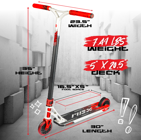 MGX Extreme Stunt Scooter - Silver Red, showcasing a diagram with dimensions, featuring a large aluminum deck, ultra-light handlebar, and honeycomb core wheels.