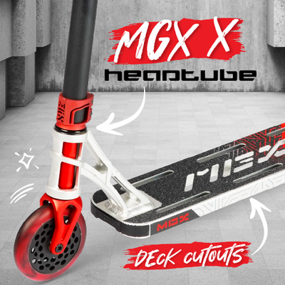 MGX Extreme Stunt Scooter - Silver Red, featuring a handlebar, integrated aluminum deck, and honeycomb core wheels, designed for freestyle performance.