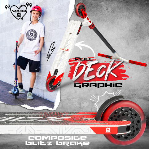 Boy standing beside MGX Extreme Stunt Scooter - Silver Red, showcasing its sleek design with aluminum deck, wide handlebars, and honeycomb wheels.