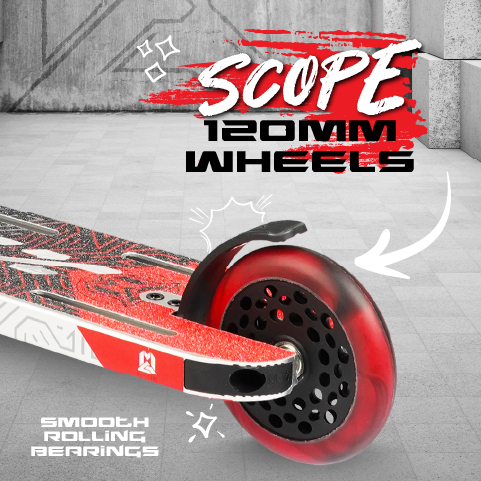 MGX Extreme Stunt Scooter - Silver Red featuring a red wheel, integrated aluminum deck, and ultra-light handlebars, designed for freestyle performance.