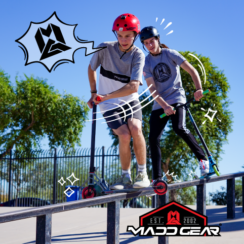 MGX Extreme Stunt Scooter - Silver Red, features an aluminum deck and handlebars, with riders showcasing its performance on a rail, emphasizing freestyle capability.