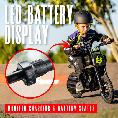 Madd Gear Mini Electric Dirt Bike Black Green Razor Charging Battery Display