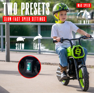 MG Madd Gear Mini Electric Motorcycle Bike Dual Speed 10 Miles 7.5 Range 24V Battery Razor Green Black Boys Girls Children