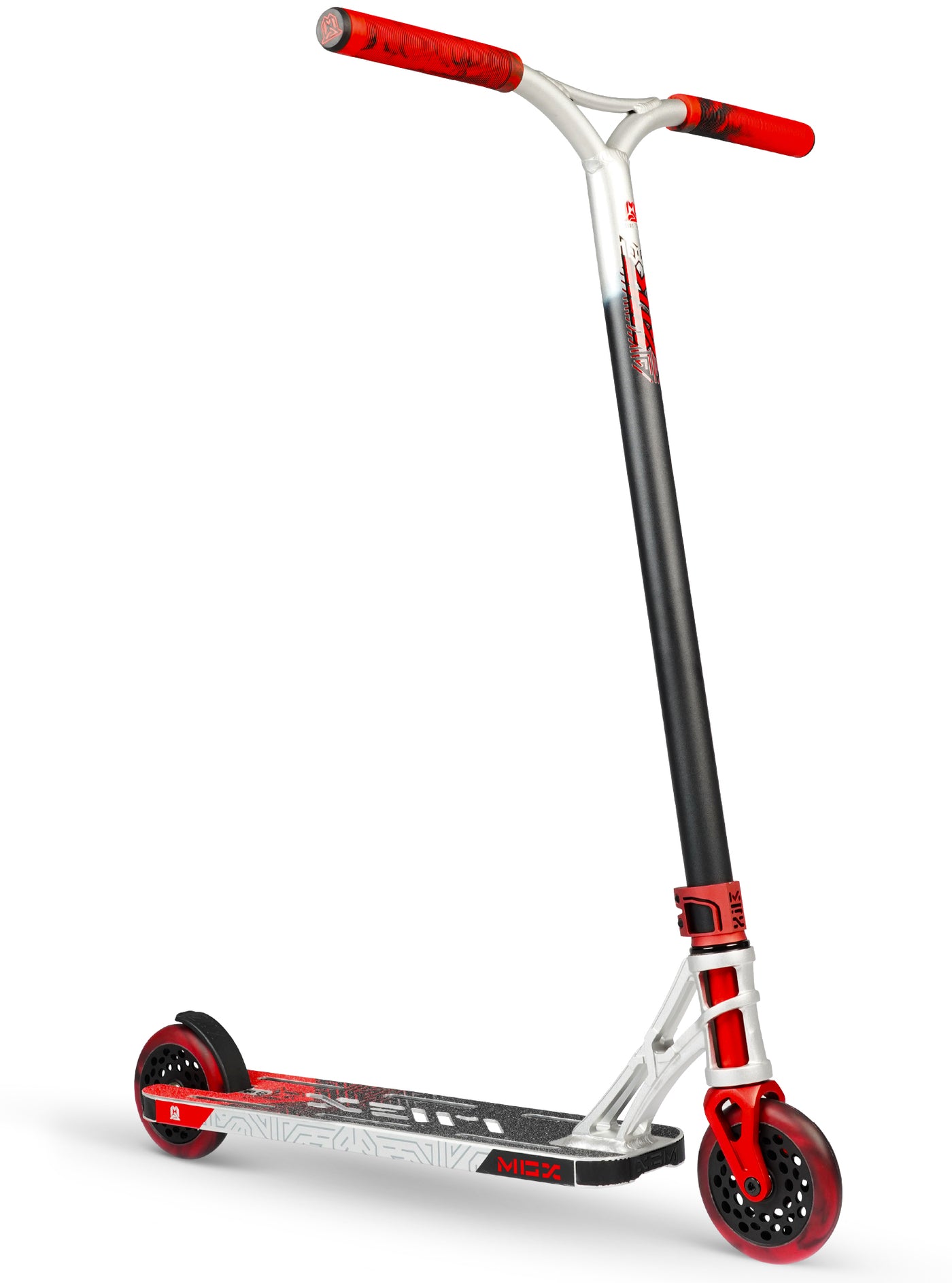 MGX Extreme Stunt Scooter - Silver Red with aluminum deck, ultra-light handlebar, and honeycomb wheels, designed for freestyle riding by intermediate to advanced users.